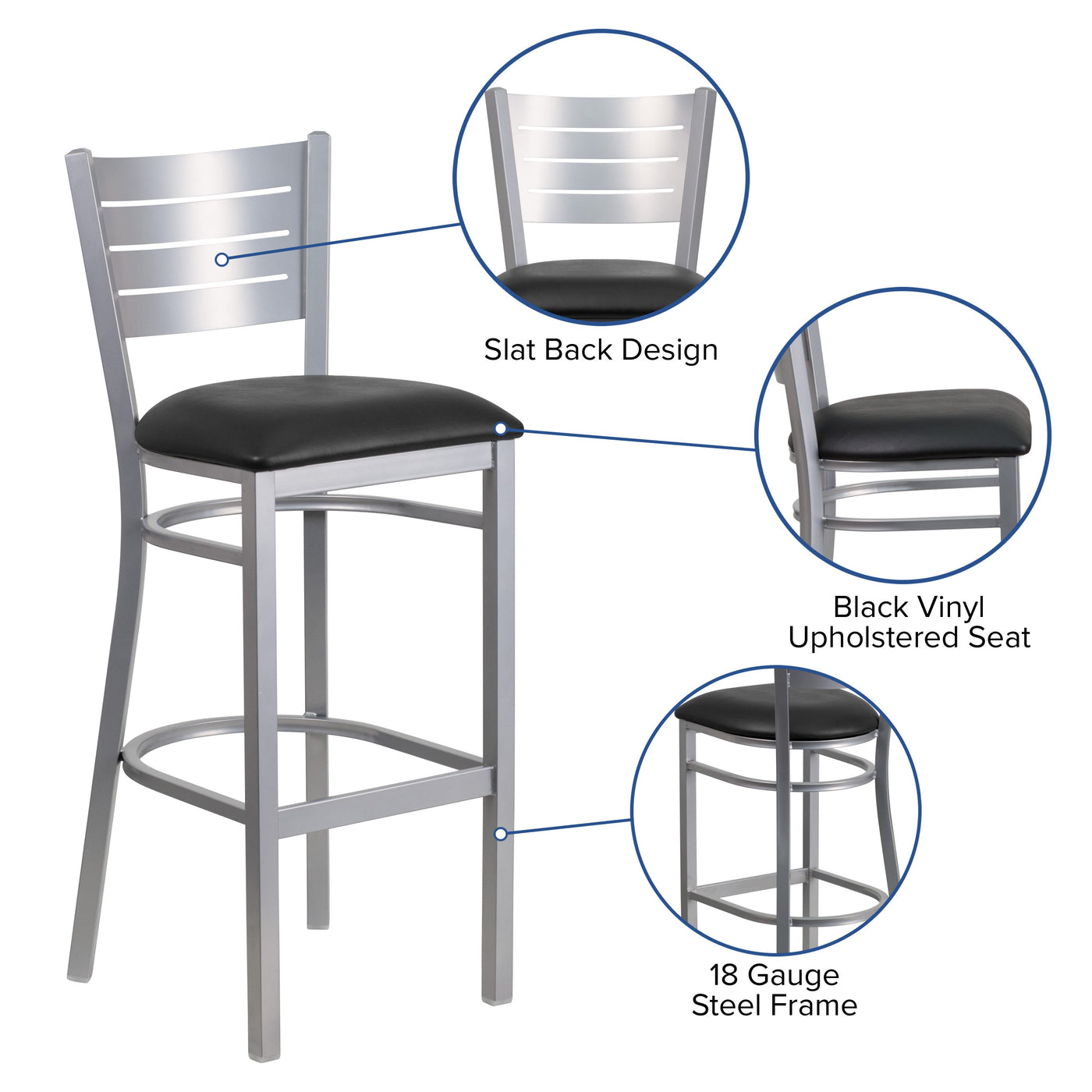 Silver Slat Back Metal Restaurant Barstool